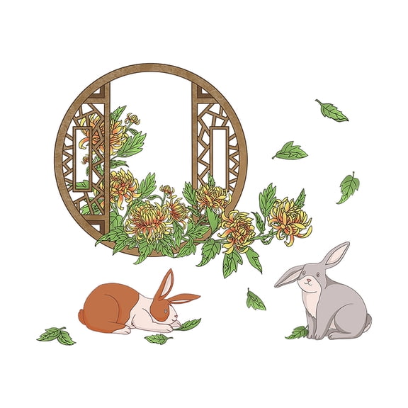 Cheapark Idyllic Fake Window Chrysanthemum Leaf Bunny Wall Stickers For Bedroom Living Room Porch And Home Decor