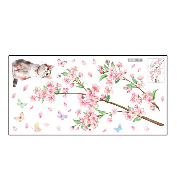Cheapark Kitten Flower Butterfly Window Cling Stickers Non Adhesive Peach Branch Design for Home Window Wall Glass Door Decorative Accent