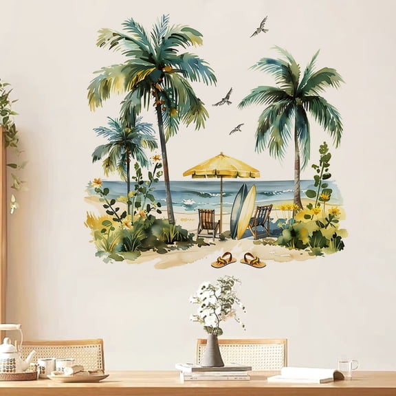 Cheapark Painted Summer Beach Tree Wall Stickers for Study Living Room Porch Home Beautification 2 Pieces
