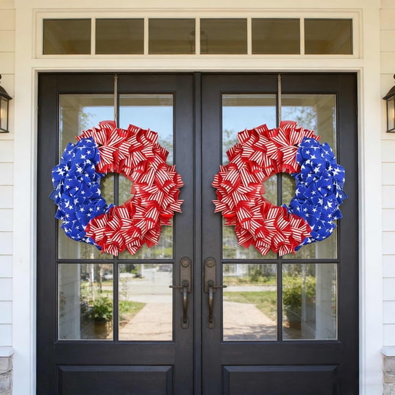 Cheapark Patriotic Star Stripe Rag Tie Wreath Irregular Fabric Holiday Festive Home Door Decor