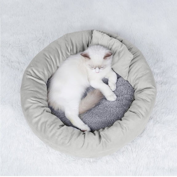 Cheapark Pet Cat Bed 2 Piece Set Egg Tart Design Nest 40CM Soft Plush Calming Warm Cozy Sleeping Bed For Cats Indoor Gray
