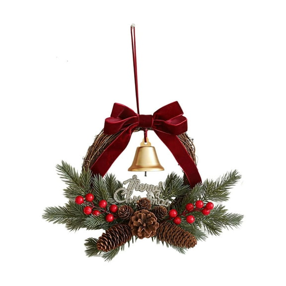 Cheapark Rattan Christmas Wreath with Bells - Red Fruit Branch & Bow Design, Festive Door & Window Hanging Decoration