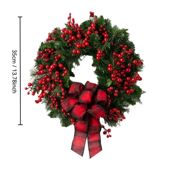 Cheapark Red Berry Christmas Wreath with Checkered Bow - Front Door Decor, Festive Greenery for Holiday Home Exterior