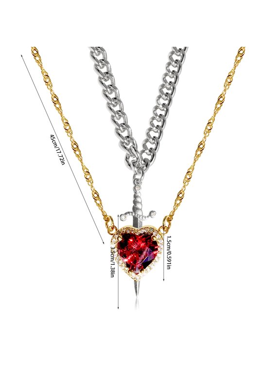 Red Crystal Heart Dagger Pendant Necklace - Layered French Collarbone Chain, Elegant Women's Jewelry, Romantic Valentine's Day Gift for Her