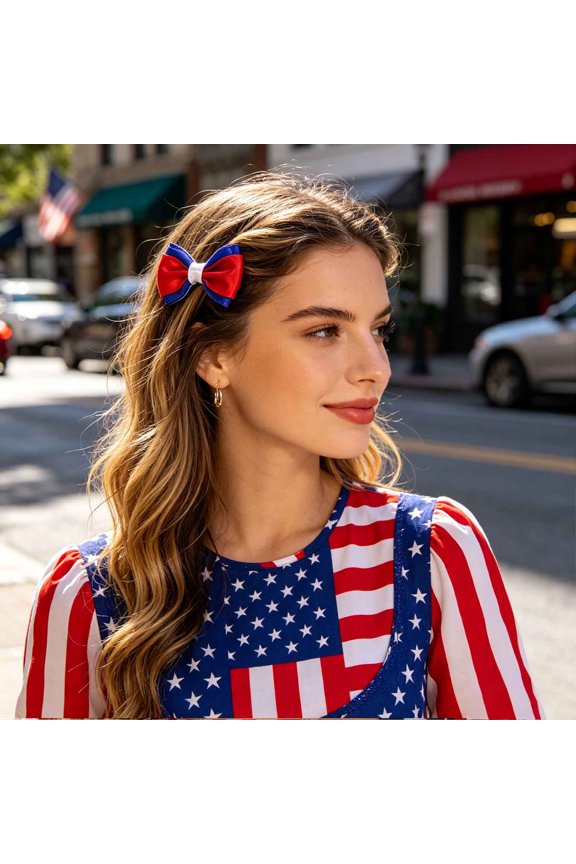 Red White Blue Star Stripe Bow Hair Clip For Fourth Of July Party Gift