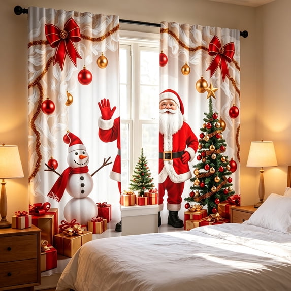 Cheapark Semi Sheer Window Curtain Christmas Theme Santa Snowman Tree Pattern Light Filtering Drape For Bedroom Living Room 2 Panels 23.6 By 59 Inch Gift