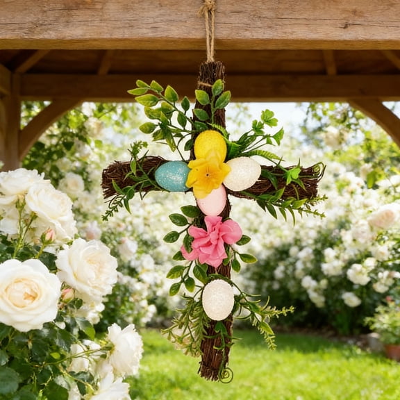 Cheapark Simulated Birds Egg Wreath Spring Easter Colorful Leaf Ring Door Decoration Festival Wall Decor