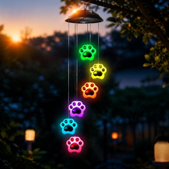 Cheapark Solar Powered Cat Paw Color Changing Wind Chime Lamp Yard Ornament Gift