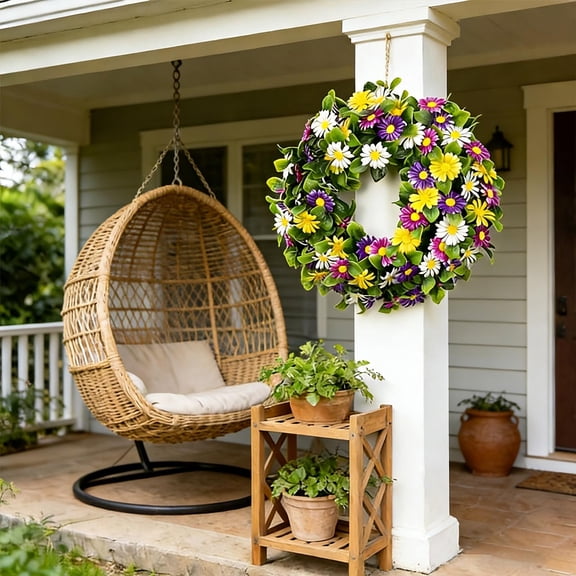 Cheapark Spring Artificial Mini Daisy Wreath Faux Floral Wreath for Home Door Wall Living Room Hanging Spring Seasonal Decor