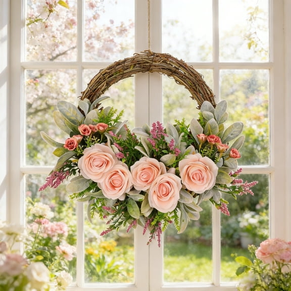 Cheapark Spring Front Door Wreath Artificial Greenery Floral Decor for Indoor Outdoor Home Garden Wall Decoration