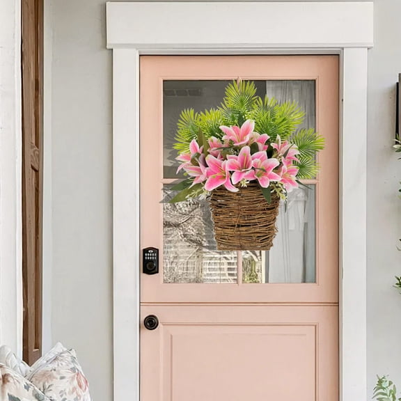 Cheapark Spring Pink Lily Vine Hanging Basket Artificial Floral Vine Decor for Home Wall Door Easter Daily Hanging Ornament