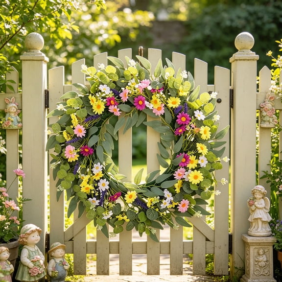 Cheapark Spring Wildflower Wreath Artificial Plant Door Hanging Rustic Floral Decor for Porch Courtyard Garden Seasonal Home and Daily Outdoor Ornament Gift