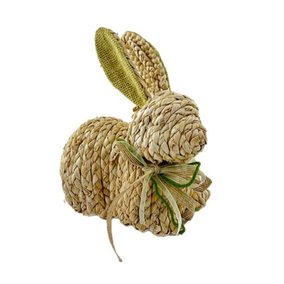 Cheapark Straw Woven White Tailed Bunny Figurine for Easter Spring Indoor Tabletop Decoration
