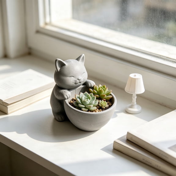 Cheapark Succulent Planter Cat Shaped Bowl Pot With Drainage Hole for Windowsill Desk Tabletop Small Greenery Flower Indoor Daily Decor Plant Container Ornament Gift