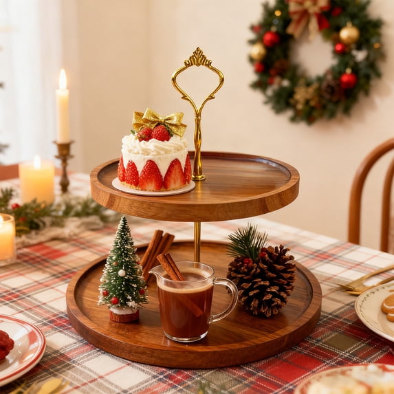 Cheapark Two Tier Wooden Layered Cupcake Stand Dessert Tower, Wood Serving Tray For Tea Party Wedding Christmas, Cookie Candy Buffet Display Stand For Kitchen Decor Gift