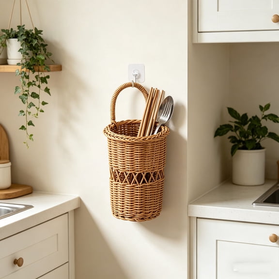 Cheapark Utensil Holder Woven Cutlery Caddy, Wall Mount Storage Basket with Artificial Flower Decor for Kitchen Dining Chopstick Fork Spoon Tableware Organization Gift