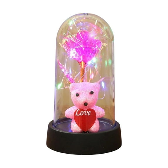 Cheapark Valentines Day Gift Ambient Glow Preserved Flower Teddy Bear Heart Rose Ornament Decorative Night Light for Romantic Hom e