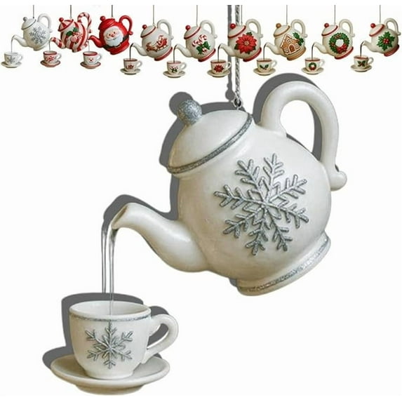 Cheapark Vintage Christmas Teapot Ornament - Holly & Red Berries Tea Cup Decor with Pouring Effect, Ideal Gift for Tea Lovers & Holiday