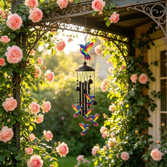 Cheapark Wind Chimes Rainbow Hummingbird Hanging Bell Ornaments Colorful Metal Craft Decor for Backyard Lawn Patio Garden Outdoor Yard Landscape Arrangement Gift