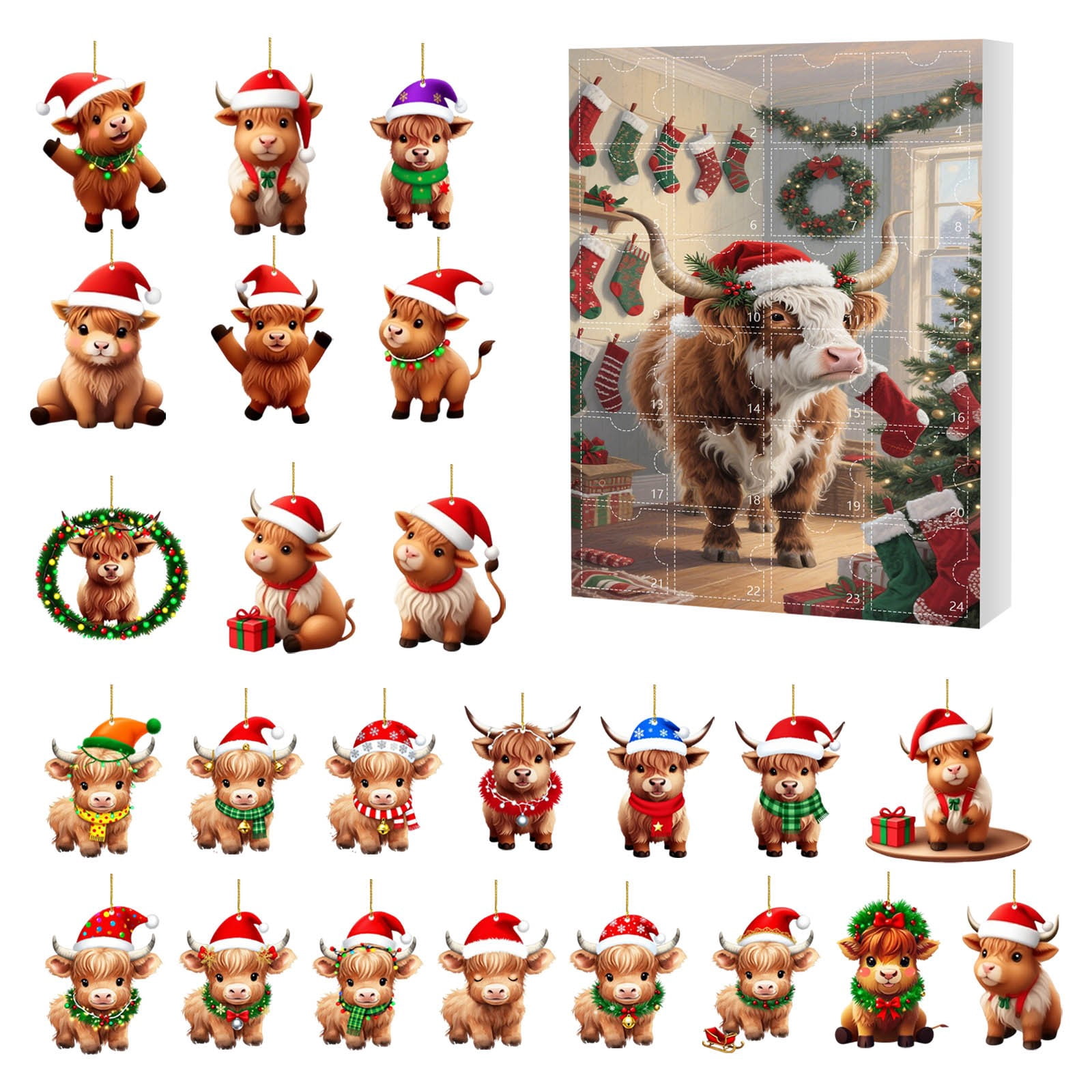 Cheapark2025 Christmas Cow Advent Calendar - 24 Days Hanging Ornament Countdown, Cute Farm Animal-Themed Decor for Christmas Trees & Entryway Hooks