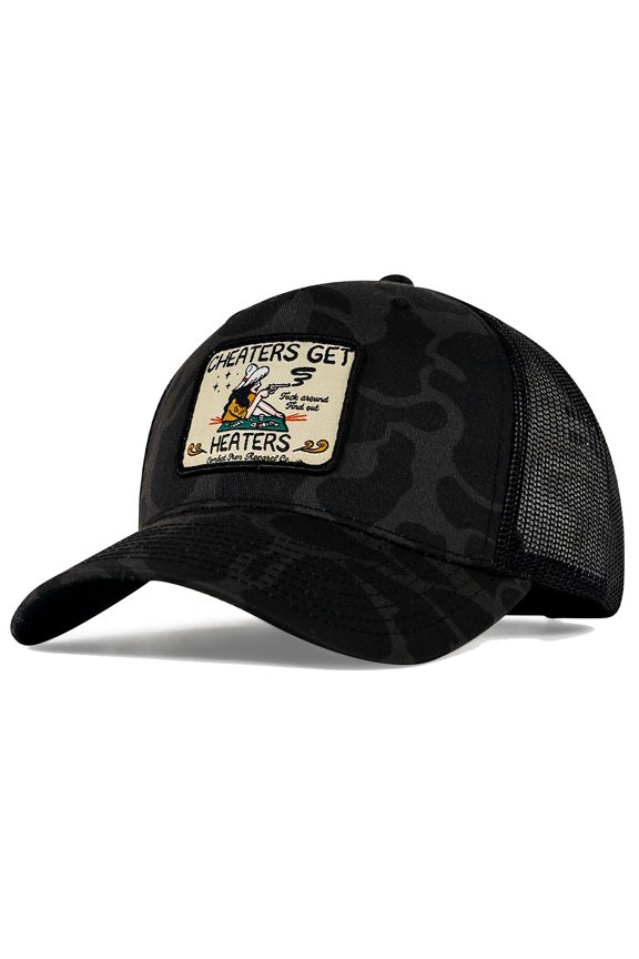 Cheaters Get Heaters Western Cowboy Patch Snapback Black Duck Camo / Black