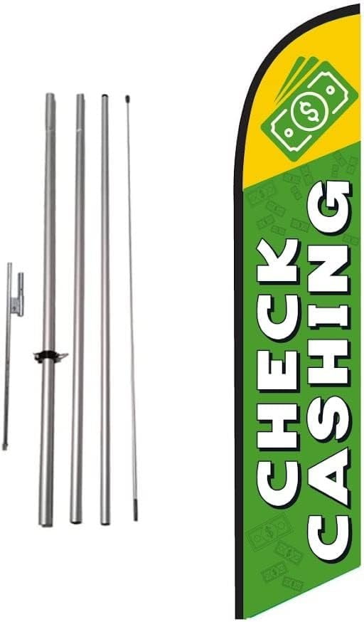 Check Cashing Advertising Feather Banner Swooper Flag Sign with 15 Foot Flag Pole Kit and Ground Stake