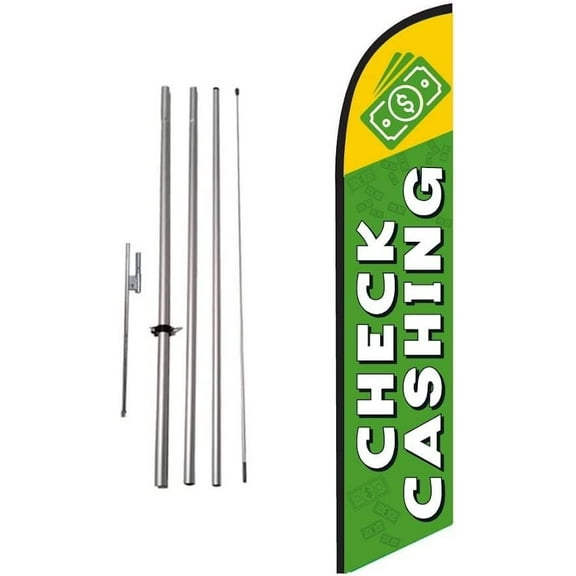 Check Cashing Advertising Feather Banner Swooper Flag Sign with 15 Foot Flag Pole Kit and Ground Stake