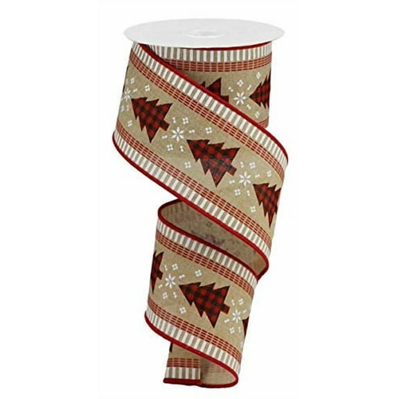 Check Christmas Trees with Stripes Wired Edge Ribbon - 10 Yards (Brown, 2.5 Inch)