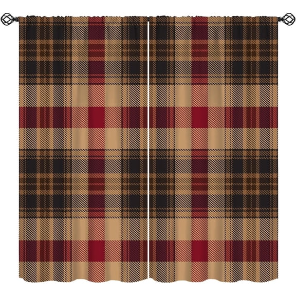 Check Curtains, Brown Red Tartan Plaid Retro Geometry Window Treatments, Rod Pocket Thermal Insulated Drapes 2 Panel Sets for Bedroom Living Room Kitchen, 55" W X 39" L