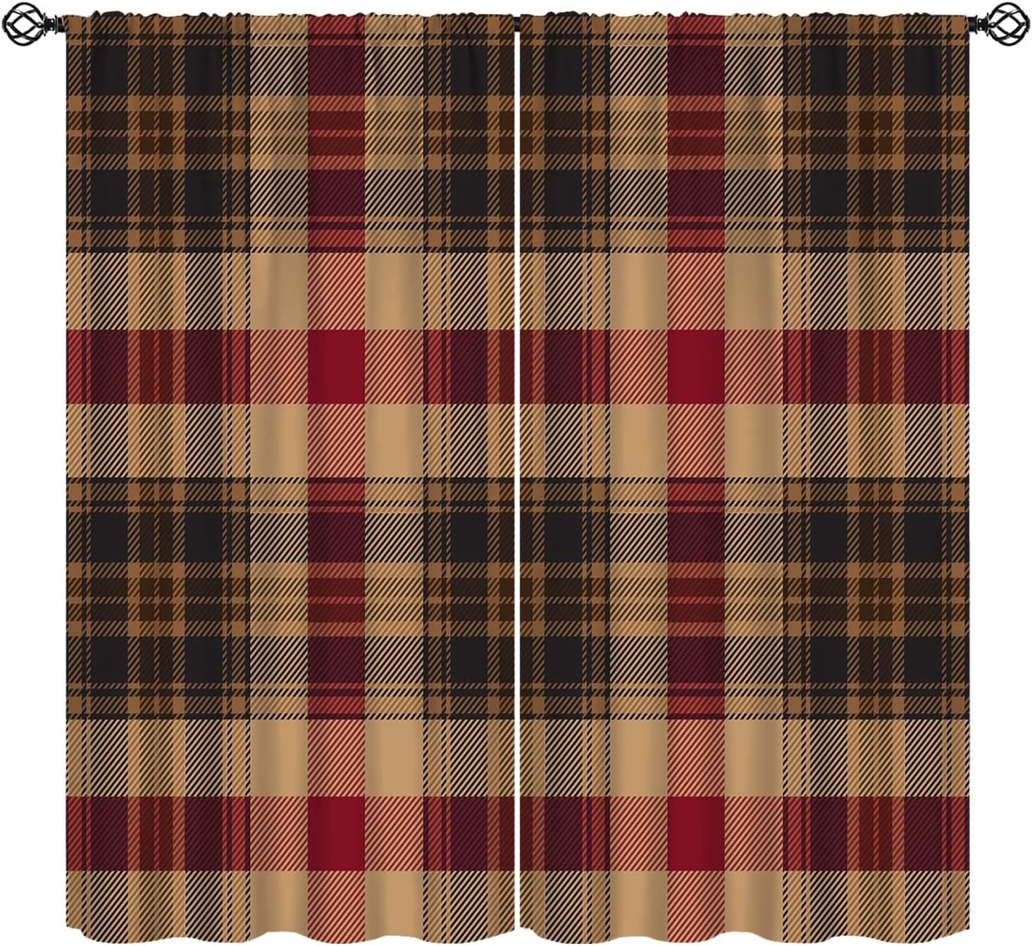 Check Curtains, Brown Red Tartan Plaid Retro Geometry Window Treatments ...