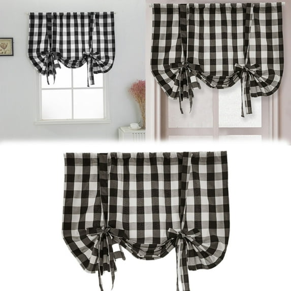 Check Up Curtains Farmhouse Thermal Insulated Window Adjustable Balloon Curtain For Small Window Farmhouse Window Curtain Tie Up/ Black Checkered Curtains 60*120