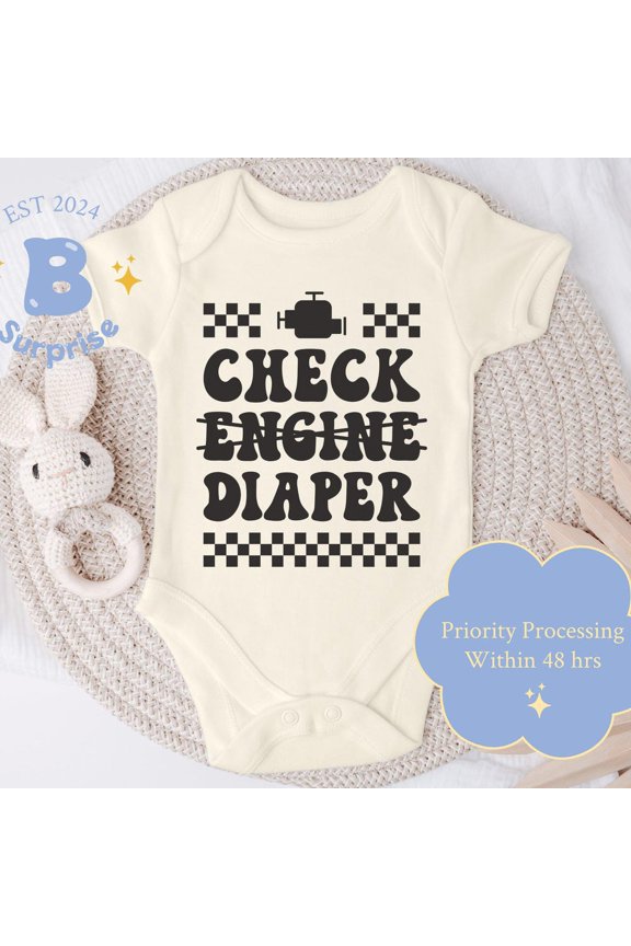 Check Engine Diaper Onesie, Funny Baby Bodysuit, Car Theme Infant Outfit, Romper, Baby Shower Gift Idea Cute Baby Onesie, BABY BODYSUIT LAT 4424