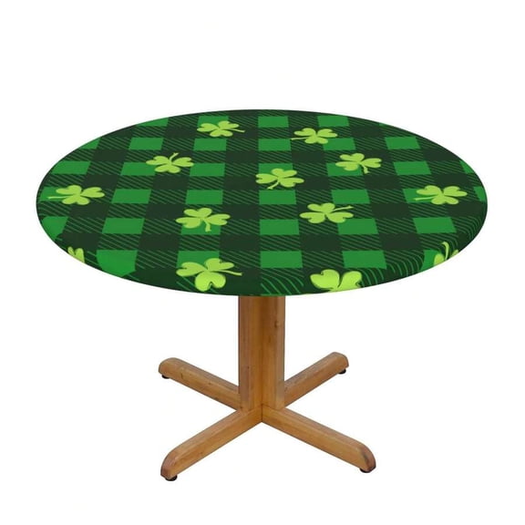 Check Four-leaf Clover Print Round Fitted Tablecloth With Elastic Edge, Waterproof Indoor Outdoor Dining Table Cover