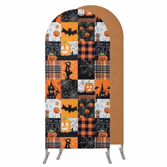 Check Halloween Wedding Arch Cover,Stretchy Spandex Arch Backdrop Stand Covers 6 FT,Orange Black Pumpkin Bat Buffalo Plaid Round Top Arched Backdrop Cover for Birthday Party Ceremony Baby Shower