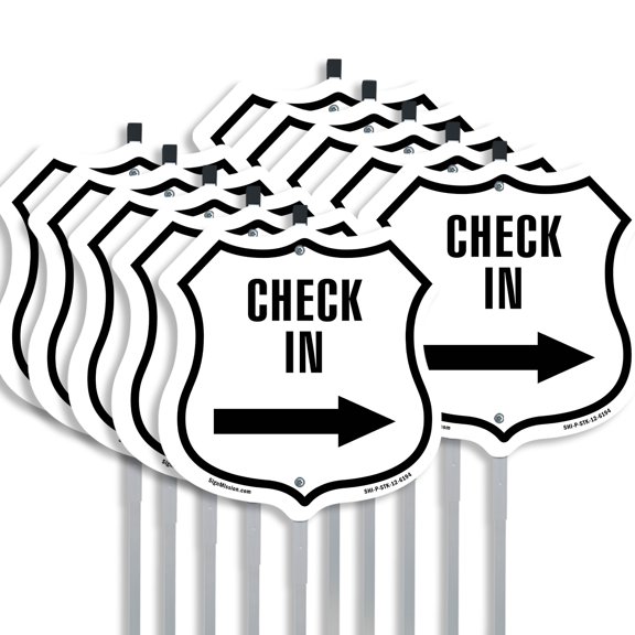 Check-In Left Arrow (10 Pack) 12 inch X 12 inch Shield Shaped Rust-Free Aluminum Metal Signs with Aluminum Mounting Stakes Weather Resistant Made in the USA