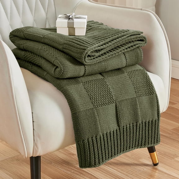 Check Knit Throw Blanket, Olive Green Checkered Throw for Couch, Decorative Christmas Soft Cozy Warm Knitted Blanket for Bed Sofa Living Room, 50"X60"