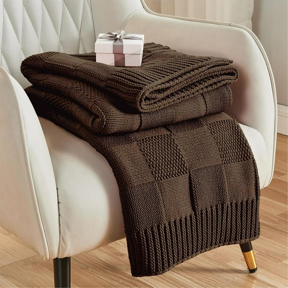 Check Knit Throw Blanket, Dark Brown Checkered Throw for Couch, Decorative Christmas Soft Cozy Warm Knitted Blanket for Bed Sofa Living Room, 50"X60"