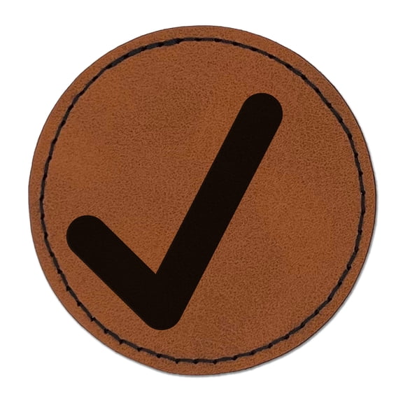 Check Mark Symbol 2.5" Faux Leather Round Engraved Iron-On Patch - Brown
