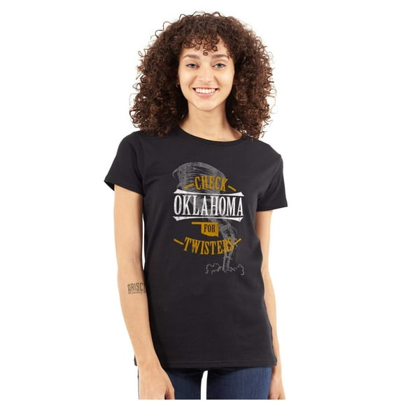 Check Oklahoma For Twisters Funny Womens Slim Fit Graphic Tee Brisco Brands S