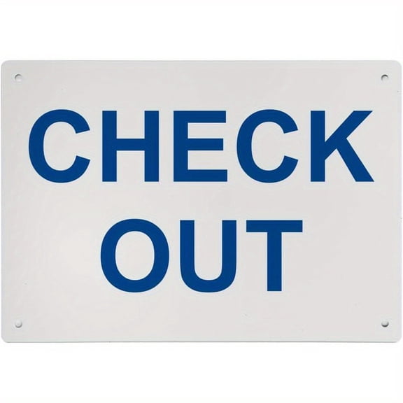 "Check Out" Business Information Metal Sign, Horizontal Blue White Aluminum Wall Notice Plaque, 8x12 Inch Directional Sign for Store, Hotel, Office