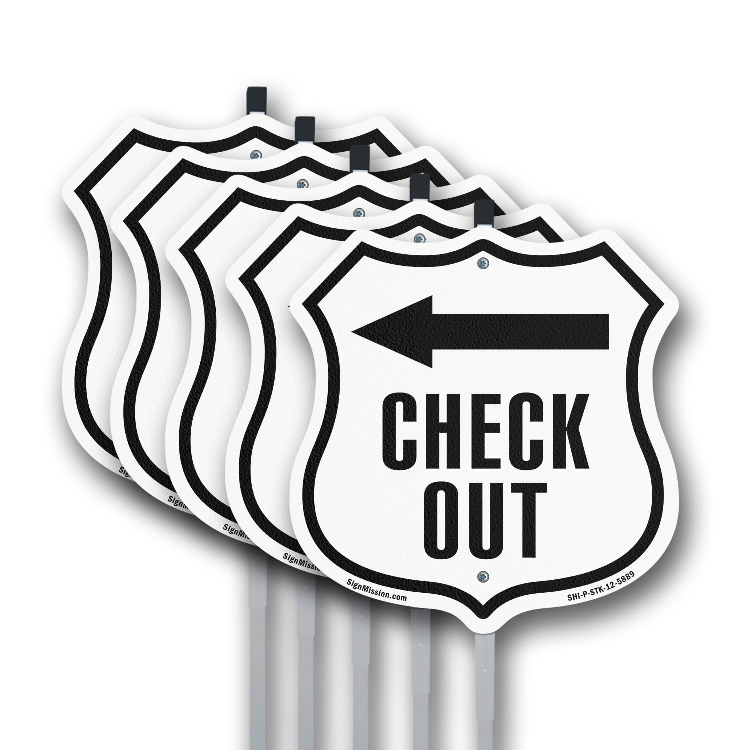 Sign Shiled Check-Out Left (5 Pack) 12 inch X 12 inch Shield Shaped Commercial ...