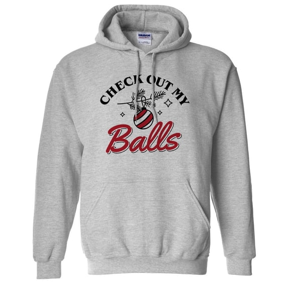 Check Out My Balls Christmas Hoodie Sweatshirt Unisex 2X-Large Grey