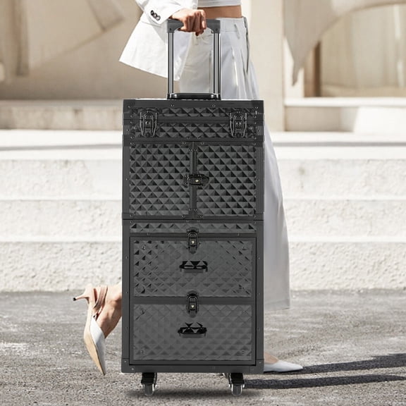 Check Pattern Rolling Lockable Makeup Train Case Hairdressing Cosmetic Travel Case With Wheels