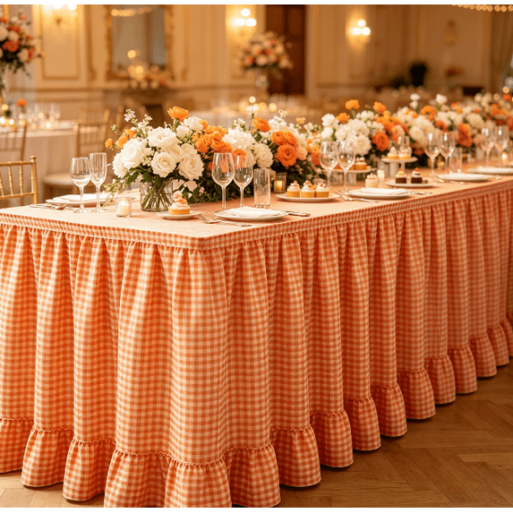 Check Pattern Ruffled Table Skirt, Removable Fasten‑on Table Drape Curtain, Under‑Table Blocking Cover For Wedding Reception, Business Conference, Buffet Counter Decor (Orange)