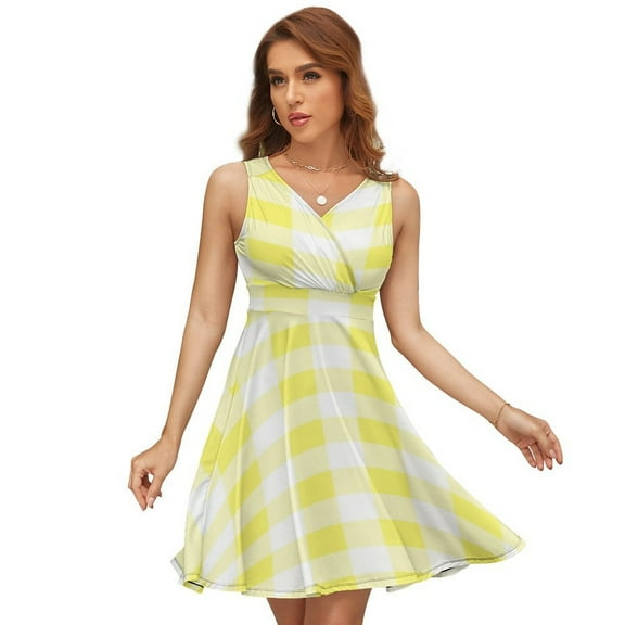 Check Pattern Yellow And White Sleeveless Dress Women Summer Evening Dresses Ladies Sundress