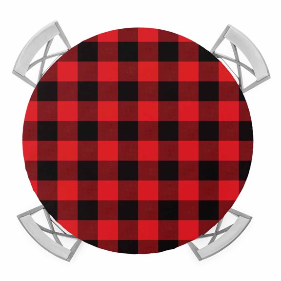 Check Plaid Elastic Fitted Round Table Cover Black and Red Grid Cubes Simple Style Waterproof Outdoor Tablecloth for Holiday Party, Picnic, Patio & Dining Fits Tables Up to 36"-44"
