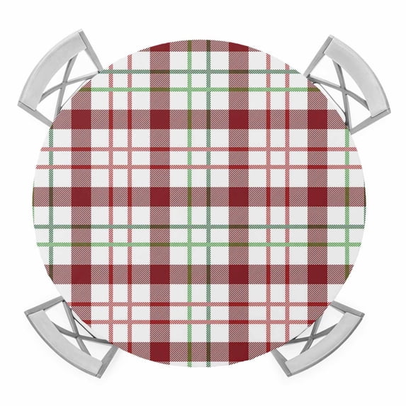 Check Plaid Elastic Fitted Round Table Cover Red Green Buffalo Check Waterproof Outdoor Tablecloth for Holiday Party, Picnic, Patio & Dining Fits Tables Up to 45"-54"