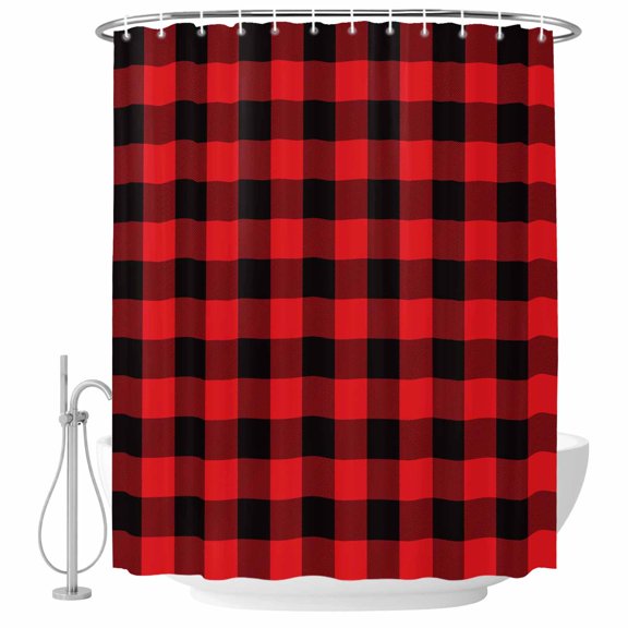 Check Plaid Fabric Shower Curtain Black and Red Grid Cubes Simple Style Washable Shower Curtains for Bathroom, Waterproof Bath Curtain with Hooks Home Decor 36x72in