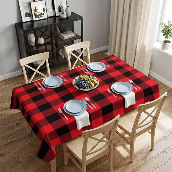 Check Plaid Rectangle Tablecloth 52x70 Inch Black and Red Grid Cubes Simple Style Waterproof Tablecloth for Dining Table, Washable Table Cover for Kitchen Dining Room Decoration,Stain Resistant