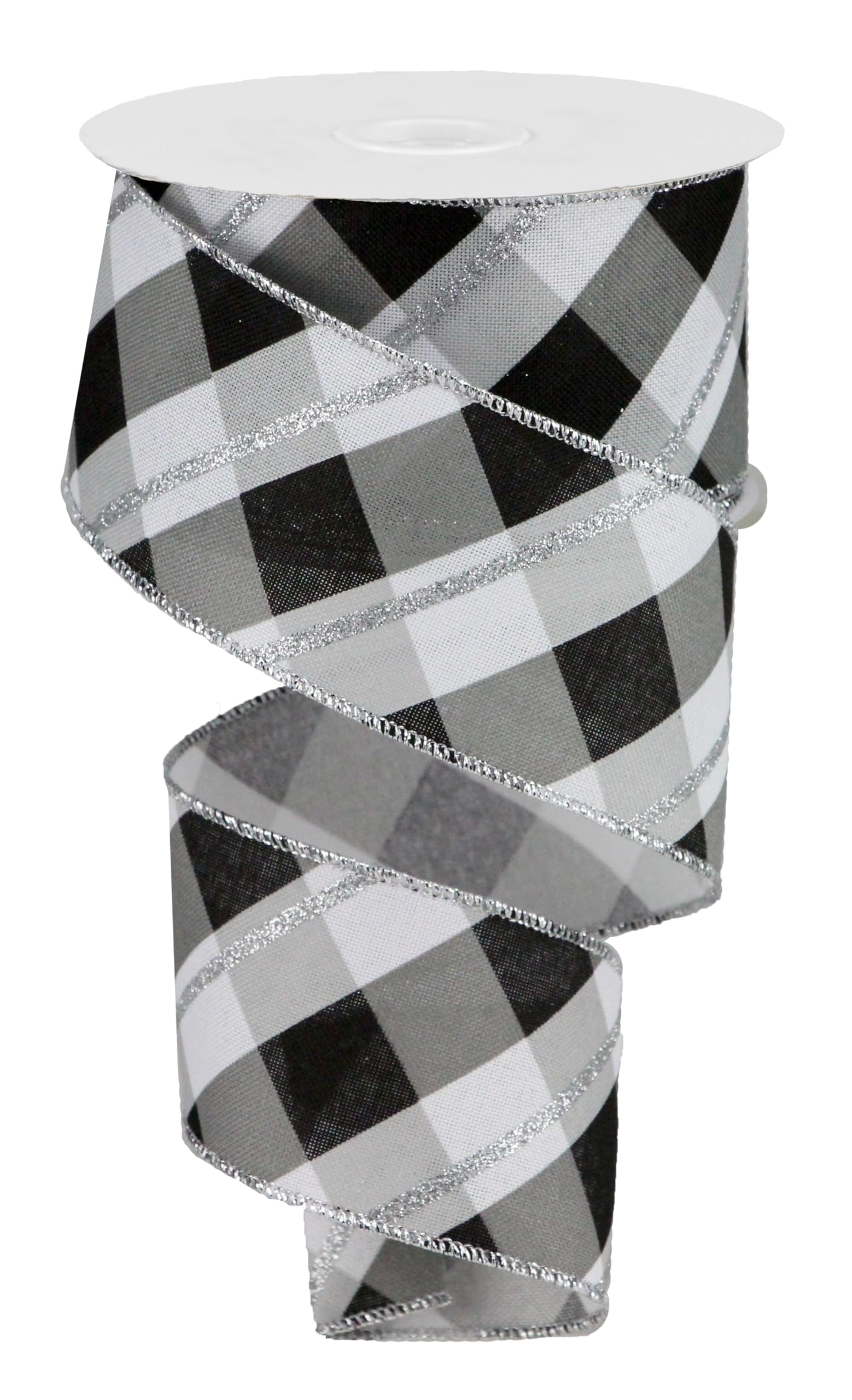 Check Plaid Wired Ribbon - Black & White Silver Glitter Accent - 2.5 Inches x 100 Feet